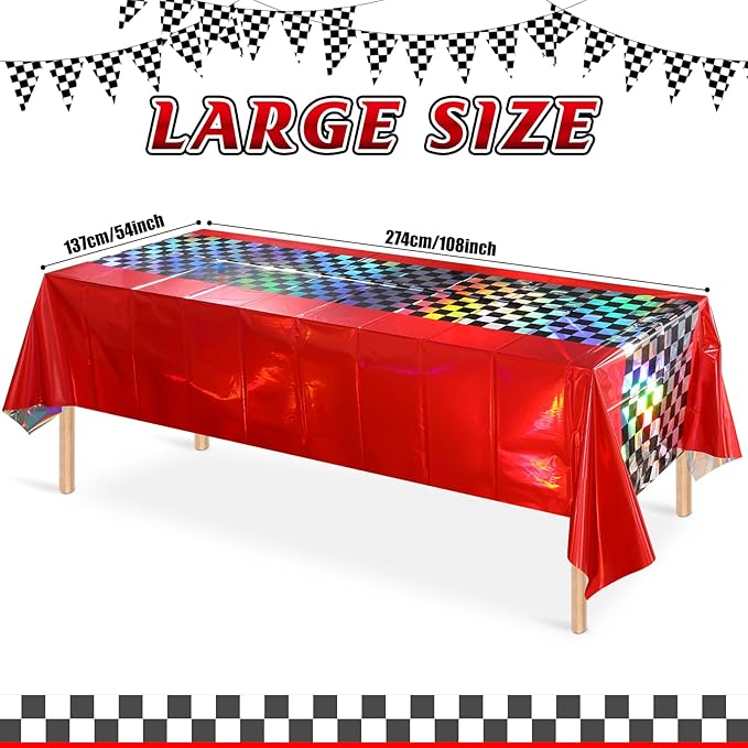 3Pack Iridescent Race Car Plastic Tablecloth, Disposable Shiny Laser Red and Black Checkered Table Cloth, Holographic Foil Rectangle Tablecloth for Race Car Boys Birthday Party Decorations, 54x108Inch