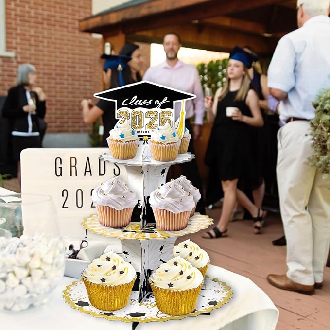 Set of 2 Graduation Cupcake Stand for 50 Cupcakes Black Gold Graduation Cap Decorations Cardboard Cake Dessert Holder Tower for Class of 2026 Congrats Grad Party Supplies