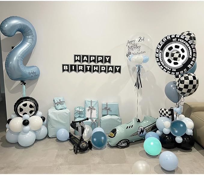 Race Car Balloon Garland Arch Kit 154PCS Dusty Blue Black Latex Balloon Wheel Checkered Foil Balloons for Race Car Baby Shower Party Two Fast Birthday Party Decorations
