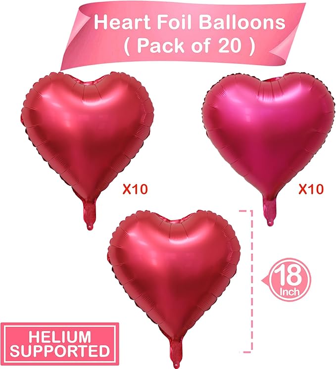 Red Heart Metallic Balloons, 20Pcs 18 Inch Hot Pink Foil Heart Balloons, Love Balloon for Valentines Day Decorations Galentines Balloon for Birthday Wedding Anniversary Party