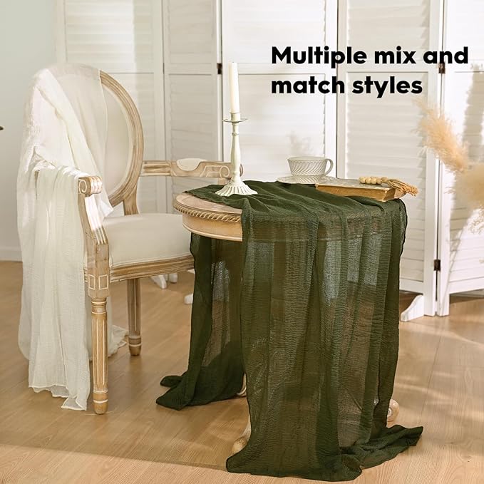 Artoid Mode Boho Cheesecloth Gauze Olive Green Wedding Table Runner, 120 Inch Seasonal Fabric Kitchen Dining Holiday Table Decor for Home Party Indoor