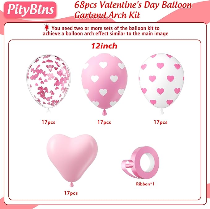 Valentines Day Balloons Decorations Set - 69 Pcs Pink Heart, Pink Heart Confetti, Pink and White Heart Print Balloons for Valentine's Day Galentine's Day Wedding Mothers Day Party Decorations