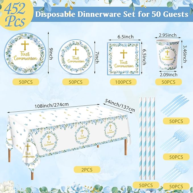 Ceenna 452 Pcs First Communion Party Decoration Boy for 50, Blue Baptism Paper Plate Napkin Cup Tablecloth Cutlery Straw God Bless Disposable Tableware for Christening Religious Baby Shower Supplies