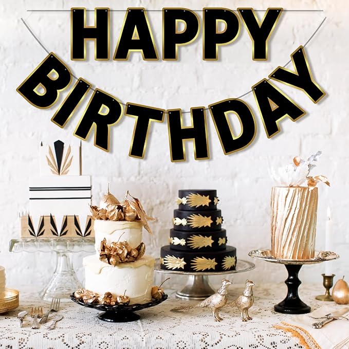 Happy Birthday Banner - 9ft Pre-Strung Happy Birthday Sign for Women, Men, Girls, Boys - No DIY Birthday Decorations & Party Supplies(Black Gold)