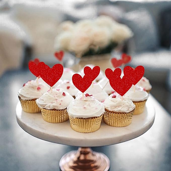 30 PCS Heart Cupcake Toppers Glitter Sweet Love Theme Cupcake Picks Wedding Engagement Bridal Shower Birthday Valentine's Day Party Cake Decorations Supplies Mixed Size Red