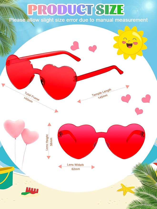 12 Pairs Heart Shaped Sunglasses for Women Colorful Glasses Fun Trendy Transparent Heart Sunglasses Party Favor (Assorted Colors) (Pack of 2)