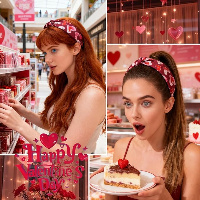 Valentines headband Non Slip Cute Knotted Headbands with Heart Love designs Fashion Women Head Band for Hair Wide Top Knot Headbands for Women Holiday Party Head wear Accessories Supplies Gift 1pcs