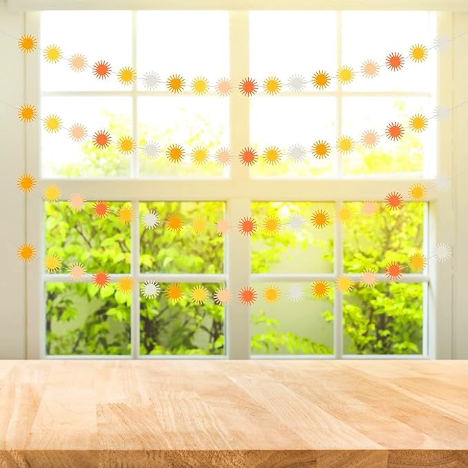 Boho Sun Garland Felt Artificial First Trip Around The Sun String Banner Hippie Boho Muted Sunrise Party Supplies Aesthetic Indoor Outdoor Party Decoration for Baby Shower Wedding, 4Pcs