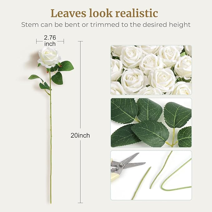 Auihiay 64PCS White Roses Artificial Flower, Fake Silk Roses, Artificial Roses Bulk for Wedding Decorations Table Centerpieces, Mother's Day Valentine's Day Home Decor