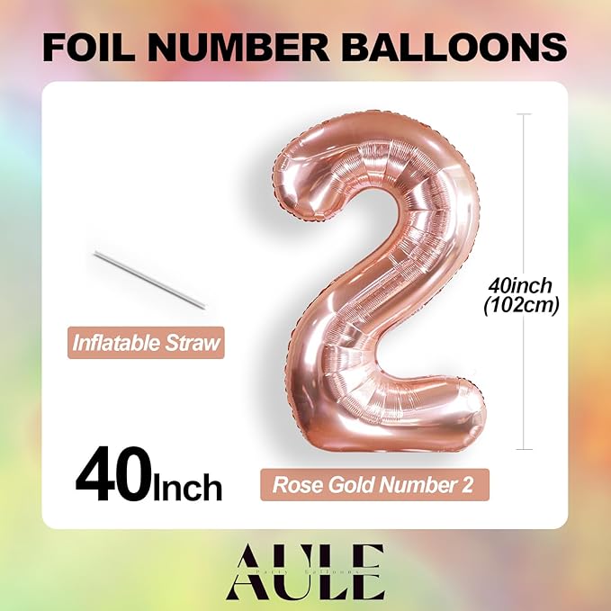 AULE 40 Inch Big Rose Gold 2 Balloon Number Large Foil Helium Number Balloons 0-9 Jumbo Giant Happy 2nd Birthday Party Decorations for Boy or Girl Huge Mylar Anniversary Party Supplies