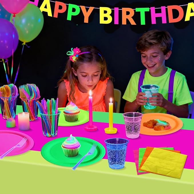 Glow in the Dark Party Supplies, Including Colorful Plates Napkins Tablecloth Happy Birthday Banner with UV Black Light Reactive and Dinnerware for Neon Themed Birthday Party, Serves 20