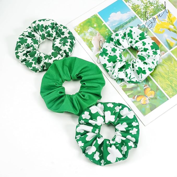 St.Patrick's Day Hair Ties for Woman Girls Green Shamrock Hair Scrunchies Elastic Irish Lucky Leaf Clover Hair Tie St.Patricks Party Supplies St.Patrick's Hair Accessories
