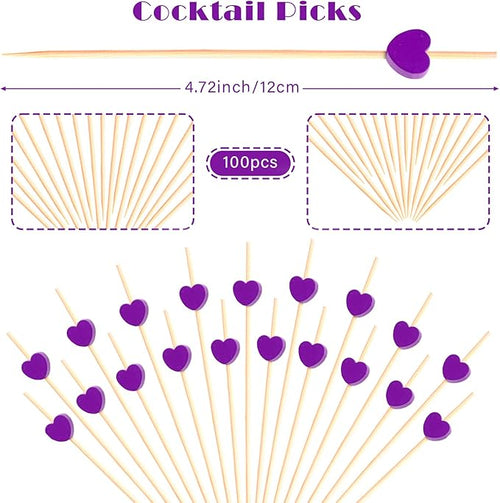 100pcs Purple Love Heart Cocktail Picks 4.7" Long Fruit Sticks Food Toothpicks Sandwich Appetizer Charcuterie Skewers, for Valentines Galentines Mothers Day Birthday Decorations Party Supplies