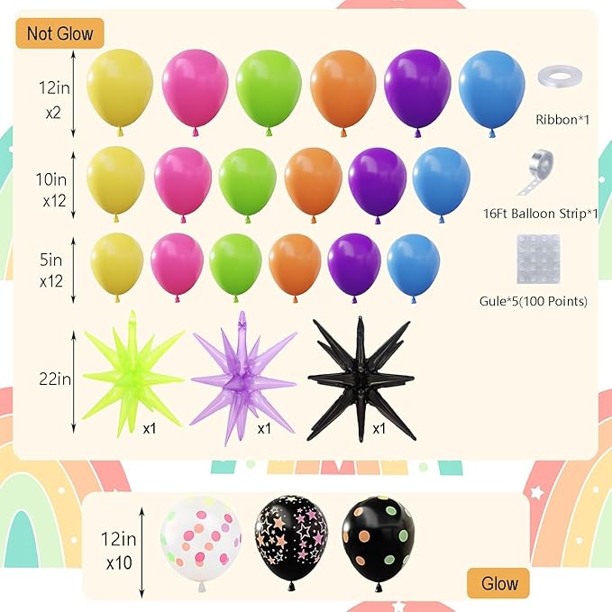 Bonropin 190pcs Neon Balloon Arch Garland Kit - Neon Balloons for Glow Party, Back to 80s 90s Disco Birthday Party Decorations, Fiesta, Let's Glow Party, Rock Roll Party Supplies