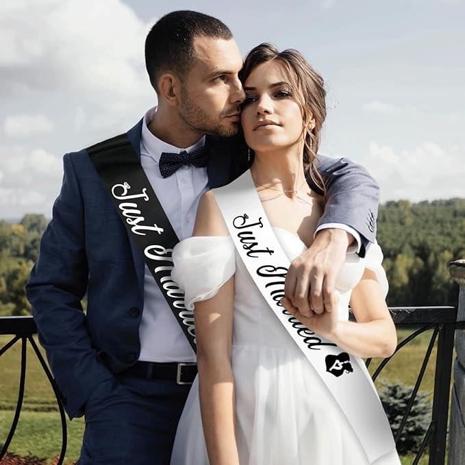 "Just Married - 2 Pcs Bride to Be Sash and Groom to Be Sash Kit, Black White Bachelorette & Bachelor Party Sashes for Wedding Bridal Shower Decorations Engagement Gifts