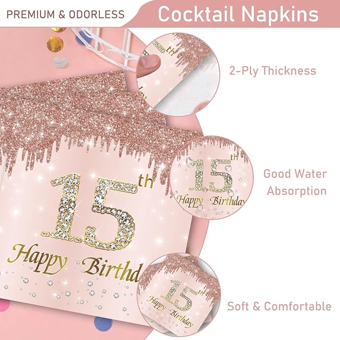 121Pcs 15th Birthday Party Supplies Plates Napkins Cups Forks Tablecloth Rose Gold Happy 15th Birthday Themed Disposable Tableware Decorations Serves 24 Guests for Girls 15 Years Birthday Decor
