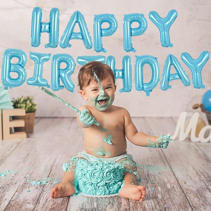 TONIFUL Light Blue Happy Birthday Balloons Banner, 16 Inch Mylar Foil Letters Sign Bunting Reusable for Girls Boys Kids & Adults Birthday Decorations Party Supplies