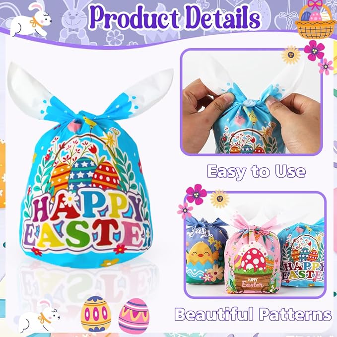 Easter Treat Bags, Happy Easter Goodies Gift Bags, 100 Pcs Cute Bunny Plastic Candy Snack Goody Reusable Wrapping Bag for Gifts Giving Spring Holiday Easter Party Favor Decorations Supplies 6 Designs