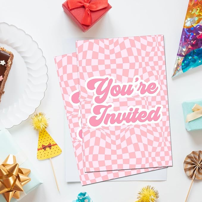 Soiceu Retro Groovy Girl Birthday Invitations Hippie Disco Let's Party Birthday Invites with Envelopes Set of 20