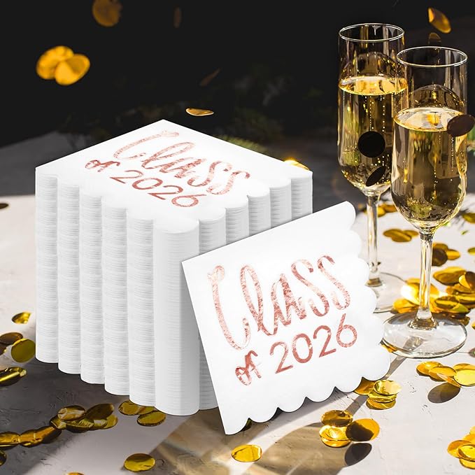 100 Pcs Class of 2026 Graduation Cocktail Napkins 5 x 5 Inch Congrats Grad Scalloped Paper Napkins for Dinner Beverage Graduate Decorations(Rose Gold)