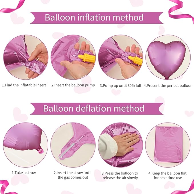 Biapian Pink Foil Heart Balloons, 10PCS Pink Heart Shape Balloons Valentines Balloons, 18inch Pink Foil Balloon for Helium Birthday Decorations for Girls Women for Valentines Day, Wedding, Baby Shower