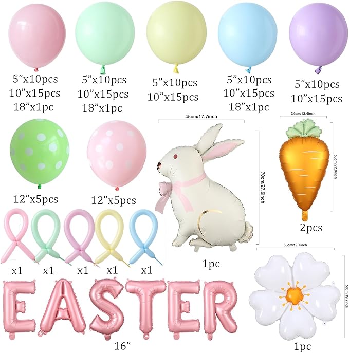 Easter Balloon Garlan Arch Kit with Bunny, Carrot, Daisy Foil Balloons,Pastel Balloon Garland Kit,Dot Printed Balloons for Easter Party Decorations Spring Birthday Decorations