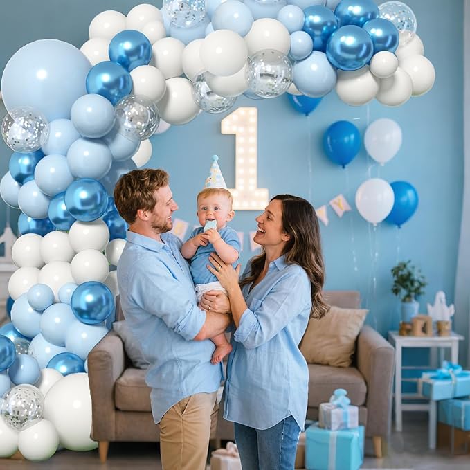 Blue Balloon Arch Kit Garland, Baby Blue Balloons White Silver Confetti Balloons for Boy Baby Shower Decorations Birthday Gender Reveal Bridal Shower Wedding Graduation Ocean Party Decorations