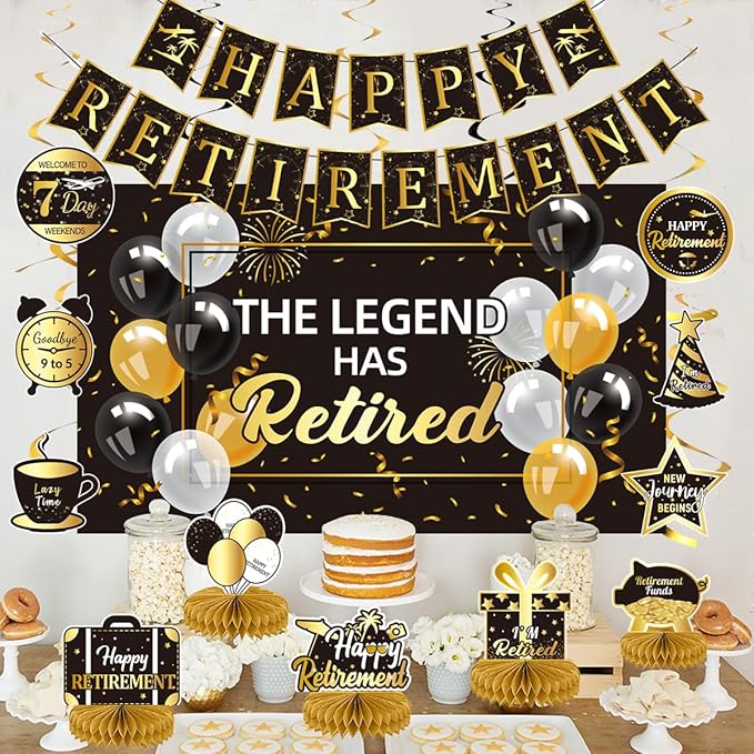 Happy Retirement Party Decorations Men Women, Black and Gold Retirement Party Decorations, Happy Banner, Backdrop, Hanging Swirls, Honeycomb Centerpiece