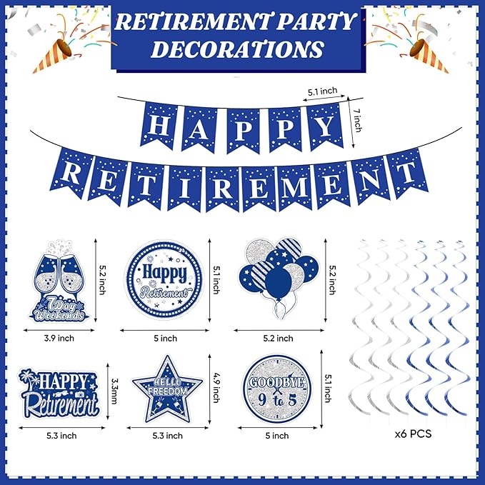 Retirement Party Decorations for Men Women Blue Silver Happy Retirement Banner Backdrop Honeycomb Centerpiece Cake Topper Hanging Swirl Set