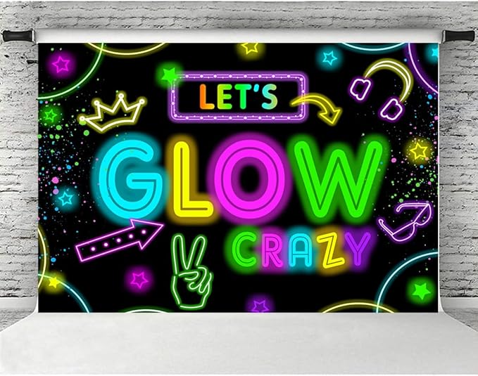 Neon Glow Party Decorations Supplies Backdrop 5x3ft Glow in The Dark Let’s Glow Banner Photography Background Birthday Sleppover Graffiti Splash Paint Black Light Kids Photo Booth