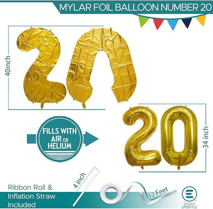 40 Inch Large Gold Number Celebration and Decoration Balloon for Birthday Parties, Graduations, Anniversaries, Weddings, Photo Shoots, Special Events - Helium Foil Mylar (Gold Number 20)