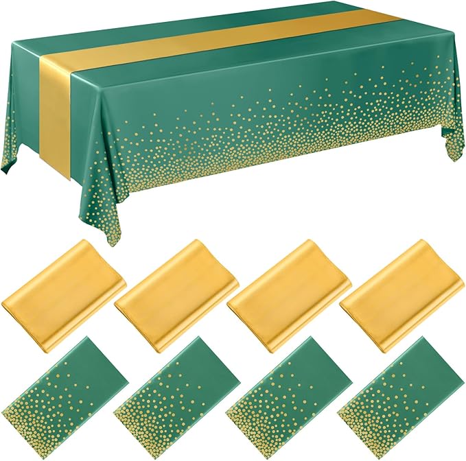 Breling 8 Pack Green and Gold Disposable Plastic Tablecloths and Satin Table Runner Set, 54 x 108 Inch Tablecloth, 12 x 108 Inch Table Runners for Wedding Graduation Birthday Baby Shower New Year