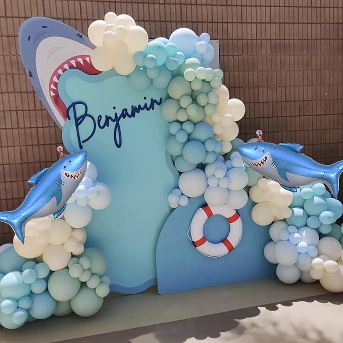 Ocean Under the Sea Birthday Party Decorations 153Pcs Shark Balloon Garland Arch Kit Dusty Blue Green White Sand Balloon with Shark Foil Balloons for Kids Boys Shark Week Ocean Animals Baby Shower