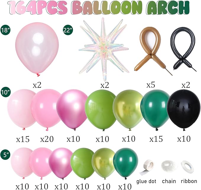 Pink and Green Witch Party Decorations,164 Pcs Light Pink Deep Green Black Balloon Arch Kit with Iridescent Exploding Star Balloons for Princess Witch Birthday Party Fairy Wonderlad Party Supplies