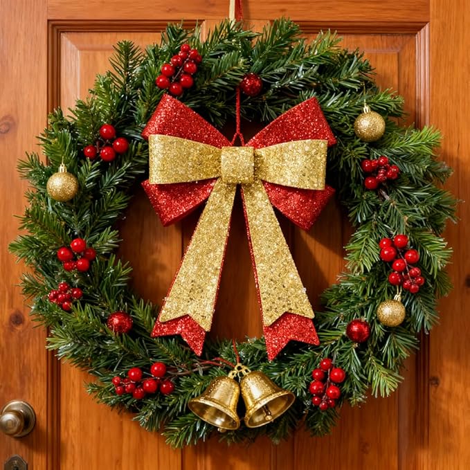 Metal Sparkly Christmas Red Bow Wall Decoration Hanging Xmas Red Bow for Wreath Christmas Tree Topper Ornaments Outdoor Indoor Christmas Decorations for Party Front Door Porch Home