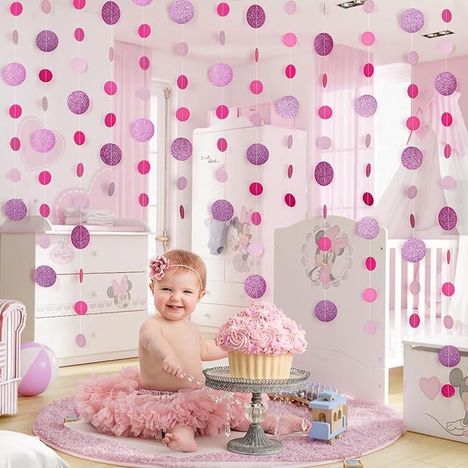 8 Pack Pink Glitter Dot Garland, Hanging Circle Streamers Banner, Backdrop Hanging Decorations for Bridal Showers, Baby Showers, Valentine’s Day, Birthdays, and Romantic Celebrations