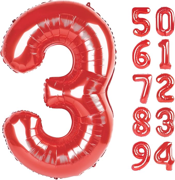 Red 3 Balloon, Number Balloon 40 Inch, 3rd Three Year Old Birthday Deco for Red Party Decorations, Number 3 Balloon