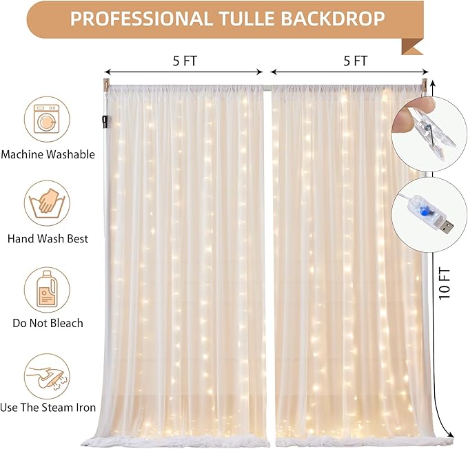 10x10FT White Wrinkle Free Backdrop Curtains with Lights String for Parties - Photo Curtain Backdrop with Lights for Wedding Decorations, Bridal Baby Shower Birthday Party Photography Background