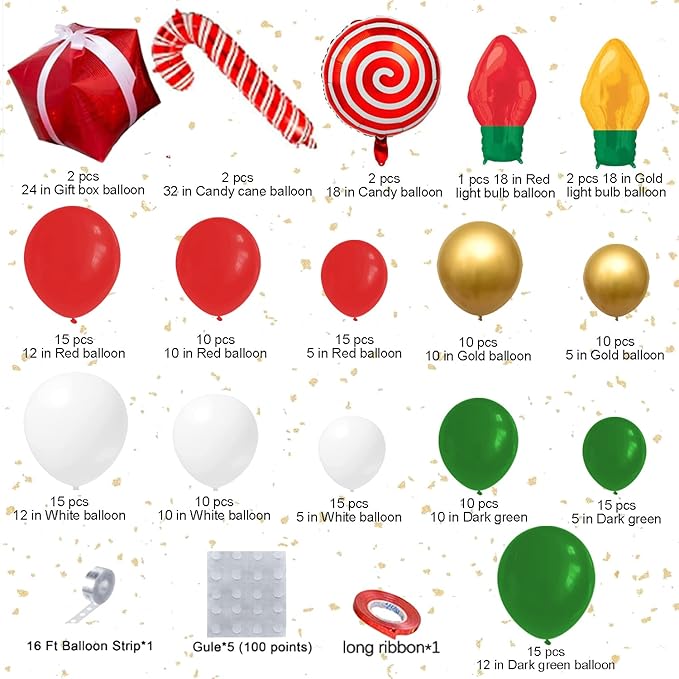 DBKL Balloons 152Pcs Garland Kit for Christmas, Red, White, Green, Gold, Candy Cane, Gift Box, Light Bulb Foil Balloons, Decorations, Party Supplies
