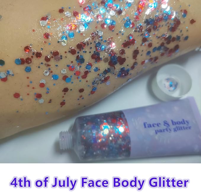 Go Ho 4th of July Outfits for Women,Red White and Blue Face Body Glitter Gel,9 PC Necklaces,3 Pairs Star Sunglasses and 6 PC Rubber Bracelets Wristbands Set for USA Patriotic Outfits Makeup