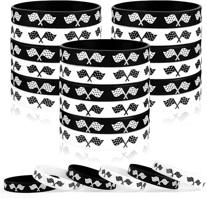 JUNEBRUSHS 42Pcs Racing Car Party Favors, Racing Flag Silicone Rubber Wristbands Bracelets for Baby Shower Birthday Party Goodie Bag Favor Campaign Supplies