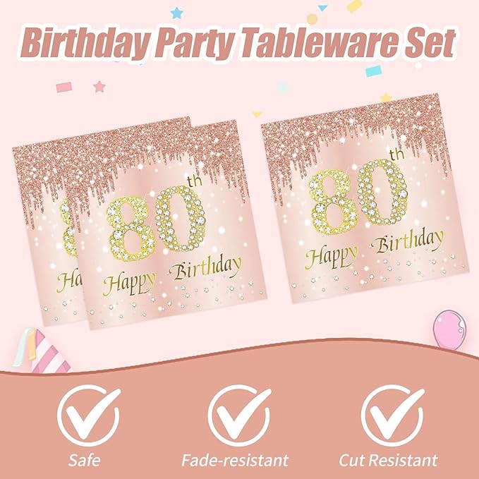 80th Rose Gold Birthday Plates and Napkins, 9 Inch Pink Rose Gold Disposable Dinner Dessert Plates Happy 80th Birthday Party Supplies Decorations for Girls Women