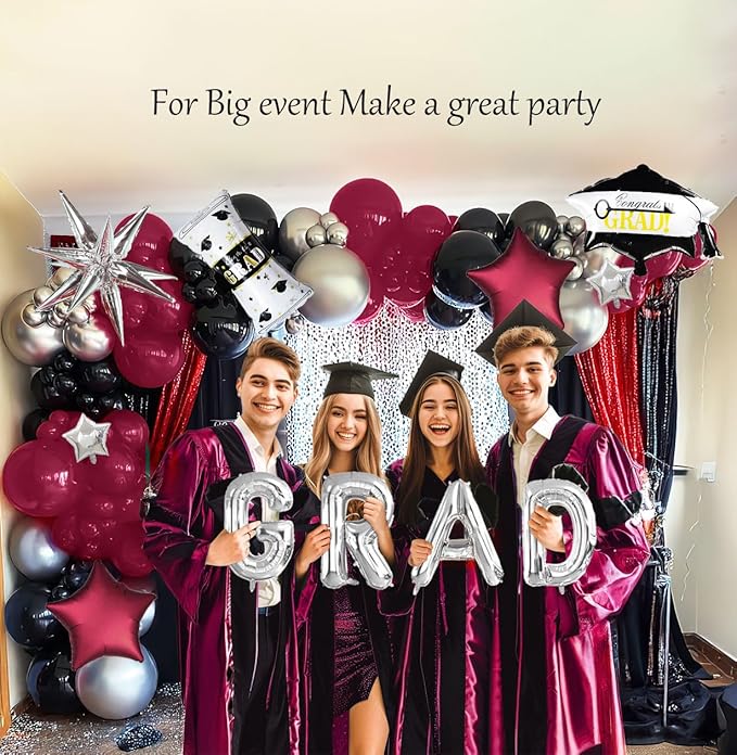 Black Maroon and Silver Balloon Garland Arch Kit 130+ Pieces with Maroon and Silver Stars, Graduation Certificate Graduation Cap GRAD Letters Mylar Balloons for 2026 Graduation Prom Decorations
