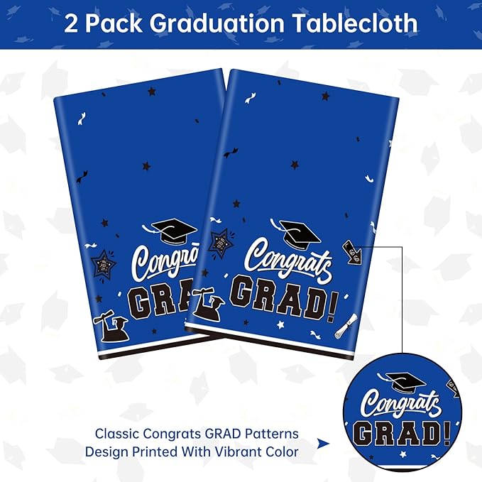 2 Pack Graduation Tablecloth - Congrats Grad Table Cloths, Plastic Disposable Rectangle Blue Class of 2026 Table Cover for Graduation Tables Decorations Party Decor Supplies Favors,108 x 54 Inch