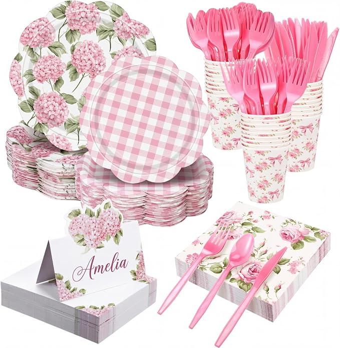 Shellwei 410 Pcs Pink Hydrangea Tea Party Decorations Elegant Floral Paper Plates and Napkins Set Disposable Party Tableware Sets with Cups Knives Forks Spoons Seat Card Favors for 50 Guests