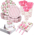 Shellwei 410 Pcs Pink Hydrangea Tea Party Decorations Elegant Floral Paper Plates and Napkins Set Disposable Party Tableware Sets with Cups Knives Forks Spoons Seat Card Favors for 50 Guests