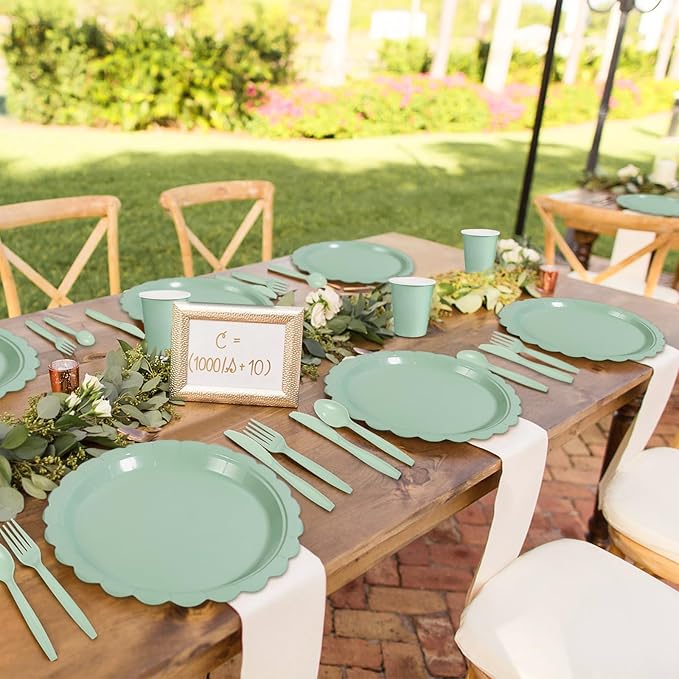 175 Pcs Party Plates and Cups and Napkins Sets, 9" Easter Plates, 7" Dessert Plate, 9oz Cups & Cutlery, 25 Guest Scalloped Sage Green Party Supplies for Easter, Bridal Baby Shower, Birthday