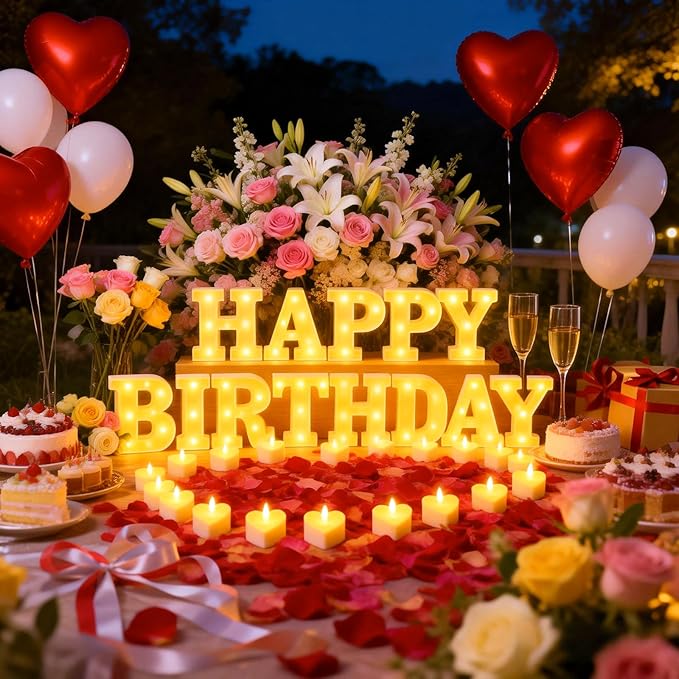 Happy Birthday Light up Letters, Include Tea Lights Candles, Latex Balloons, Aluminum Balloons and Rose Petals, Special Festival, Surprise Gifts for Women and Men