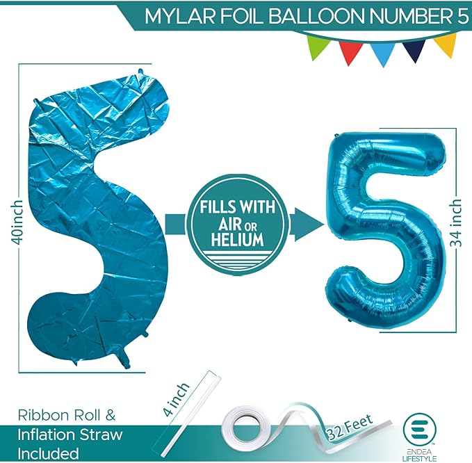 40 Inch Large Blue Number Celebration and Decoration Balloon for Birthday Parties, Graduations, Anniversaries, Weddings, Photo Shoots, Special Events - Helium Foil Mylar (Blue Number 5)