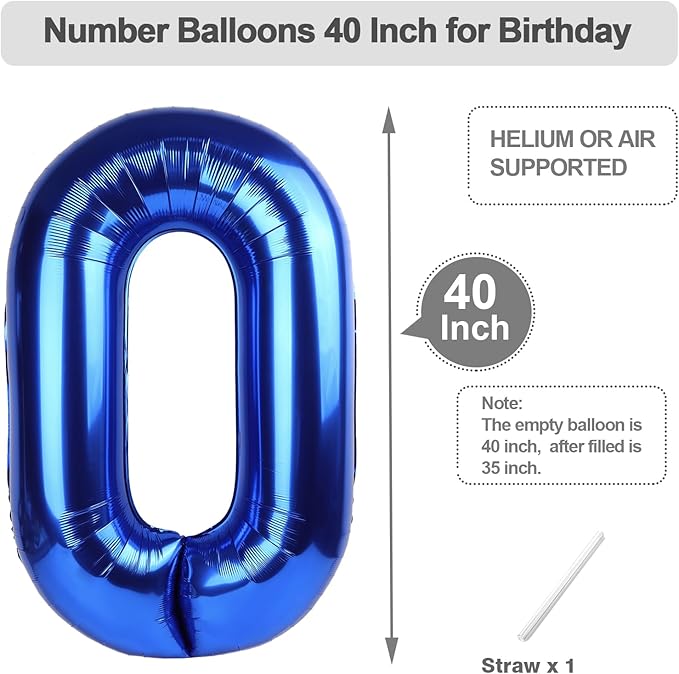Blue Number Balloons for Birthday Party Decoration, 40 Inch Foil Number 0 Ballon for 0, 10, 20, 100, 2026 Celebration, Birthday, Baby Shower, Anniversary Decor